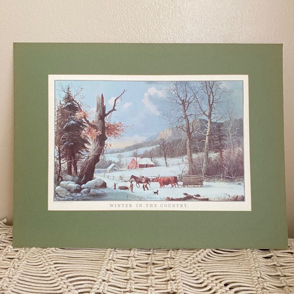 VTG Green Matted CURRIER & IVES Print 1958 Calendar Top - Winter in the Country